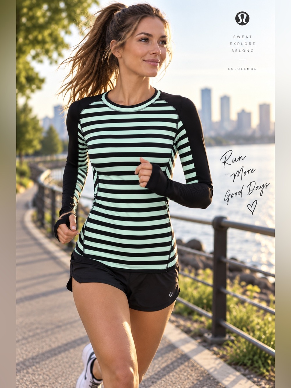 Lululemon Long Sleeve Running Top Size 4 Black Light Mint Stripe